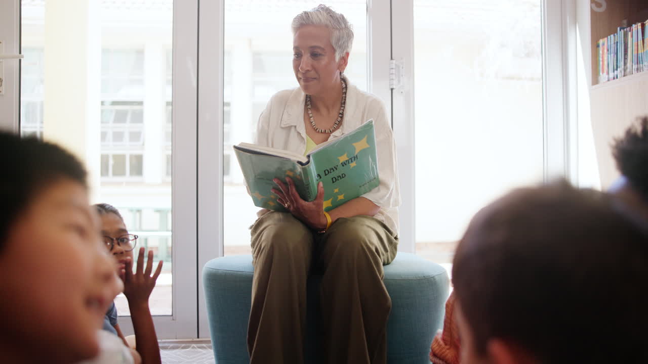 Teacher reading a book to children in a library