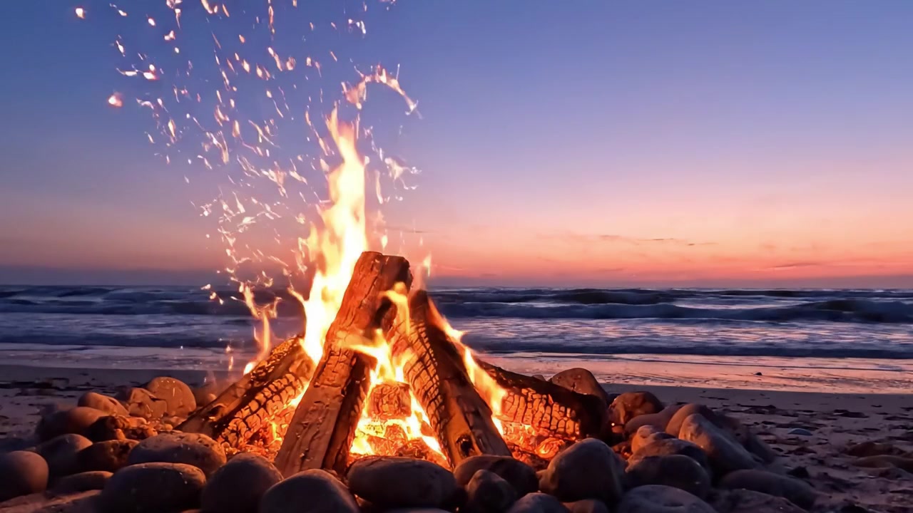 Un caldo falò che brilla intensamente contro un sereno tramonto sulla spiaggia, creando un'atmosfera serale perfetta per il relax e la connessione con la natura.