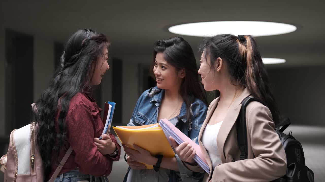 Portrait of a group of Asian girls enjoying time together and talking in college campus.