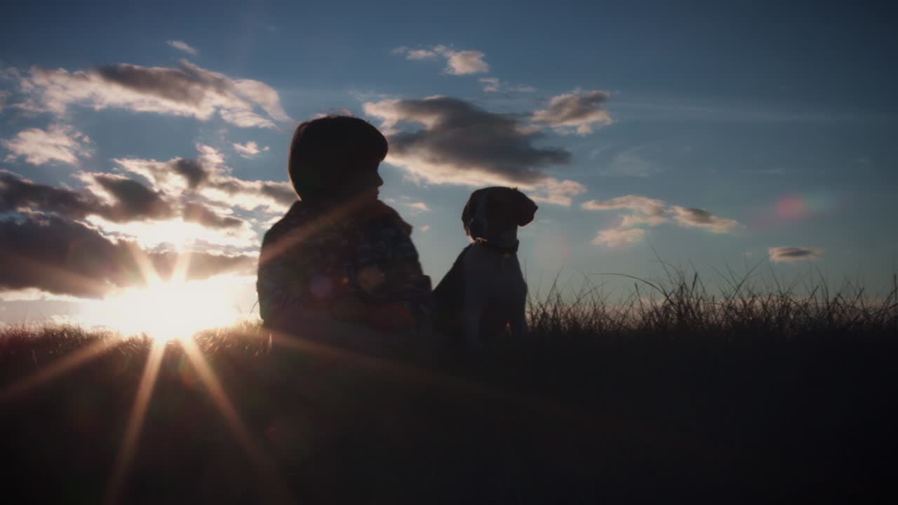 Silhouette 4K all'aperto di bambino e cane che guardano il tramonto