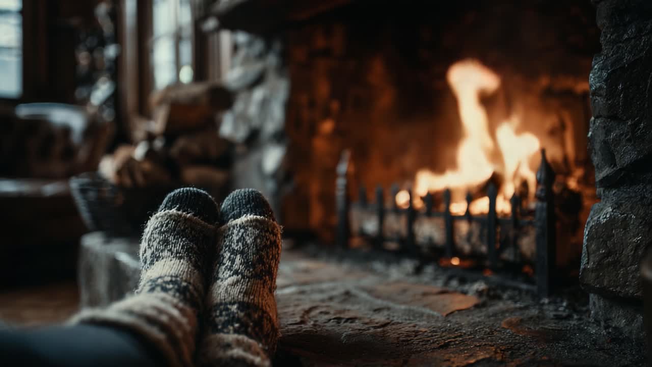 Cozy Winter Evening by the Fireplace: A Warm Ambience with Comfortable Socks and Flickering Flames Creating a Relaxing Atmosphere