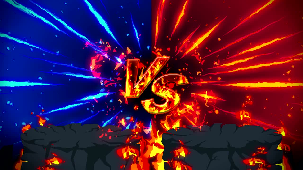 만화 화재 애니메이션. 불꽃 루프 배경. 경쟁. 전투 게임. 아이콘에 대항. 아이콘과 대결.