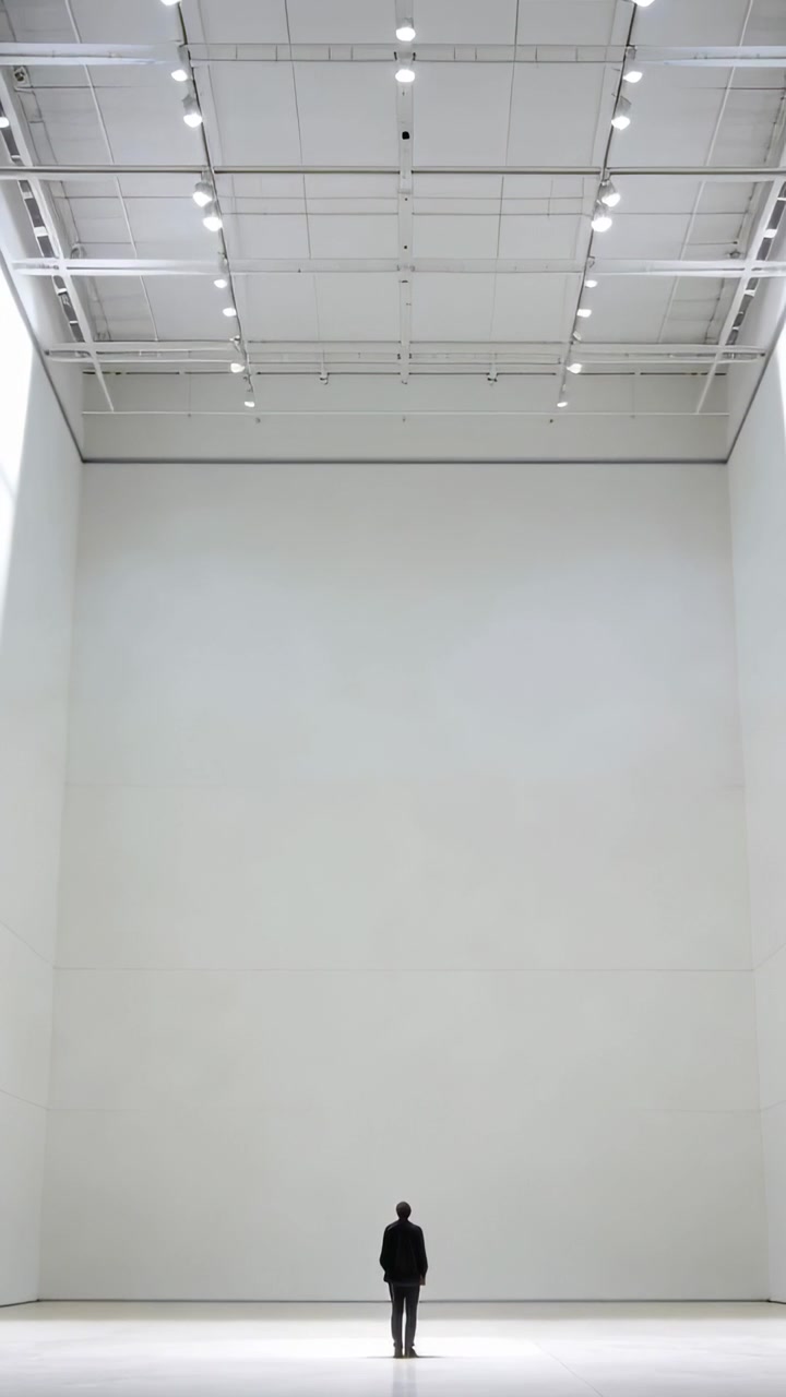 Vertical video: Tilting camera showing man in dark coat standing in hall facing white wall and lig