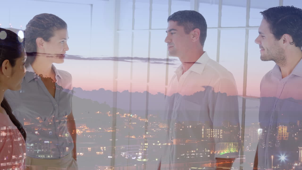 다양한 사업가들이 도시 풍경에서 손을 흔들고 있는 애니메이션