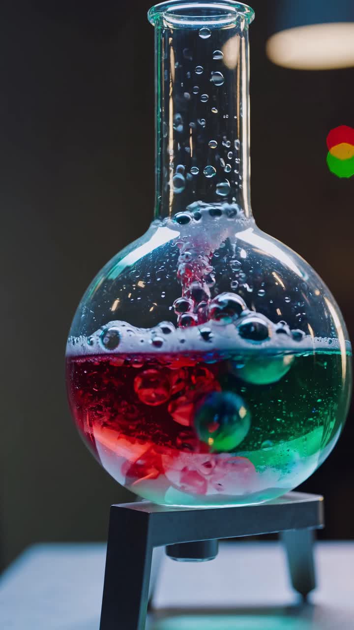 Close-up video of a round-bottom flask with colorful liquid and bubbles, captured at eye level