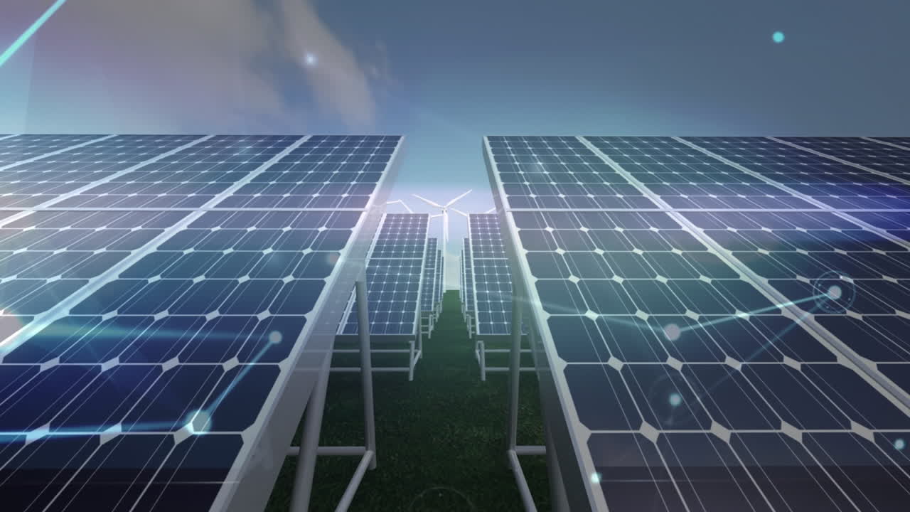 풍력 터빈과 태양 패널을 통해 연결 네트워크의 애니메이션