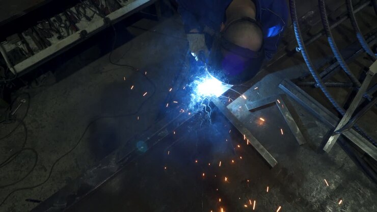 Operaio anonimo che salda una struttura metallica in officina