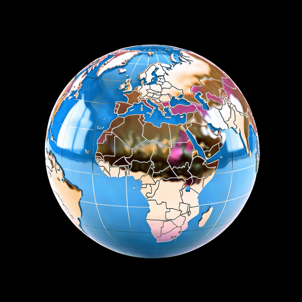 Colorful globe with reflective surface animation isolated asset, transparent 4K video, alpha