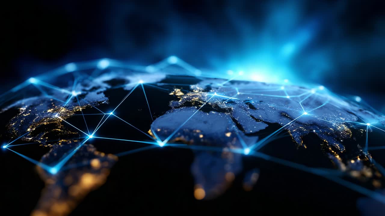 A Stunning Visualization of Global Connectivity Highlighting the Intricate Network of Connections Across Continents with Illuminated Cities and Lines Representing Data Flow