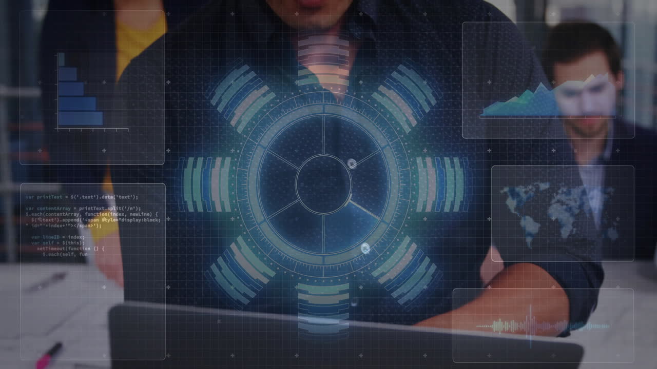 Futuristic data interface animation over people working on laptops in office