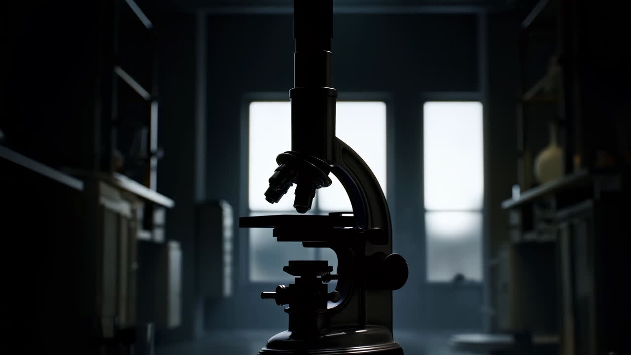 Dim Laboratory Silhouette Of Microscope Scene, Night Scientist Presence Implied, Backlit Window Framing