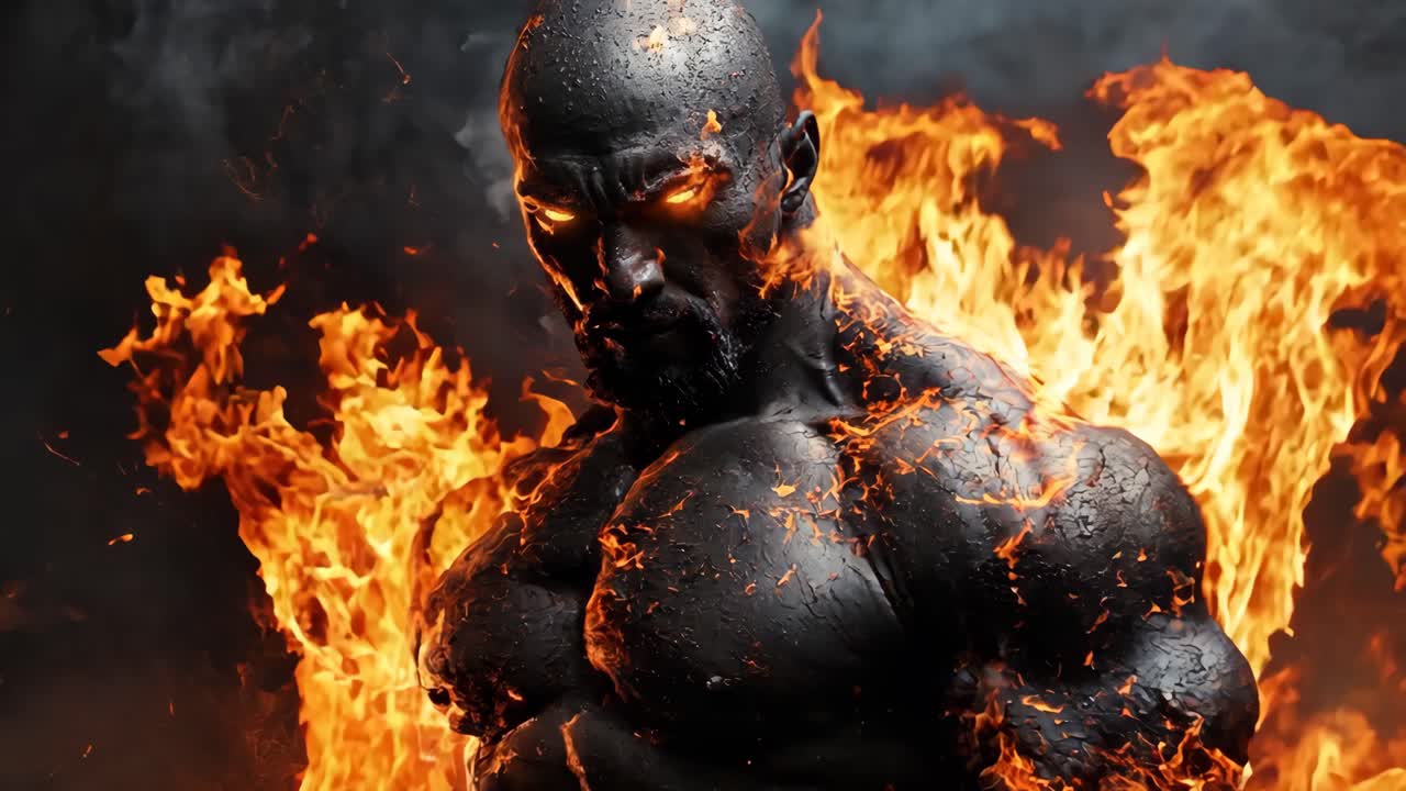 A man with a muscular body is standing in front of a fire. The fire is orange and is surrounding the man. The man is wearing a black shirt and is looking at the camera. Scene is intense and powerful