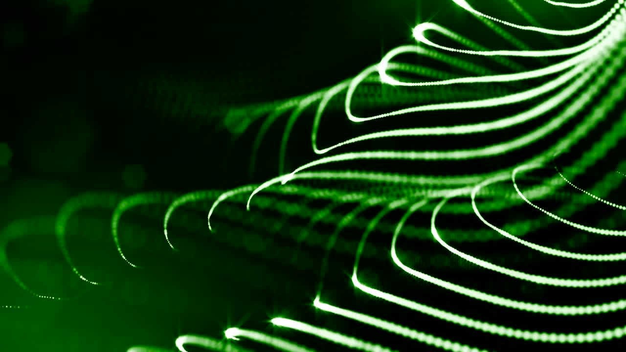 Sfondo verde 3D con fantastiche particelle luminose. Animazione 3D in loop con profondità di campo, effetti di luce. Sfondo digitale moderno. Linee curve 13