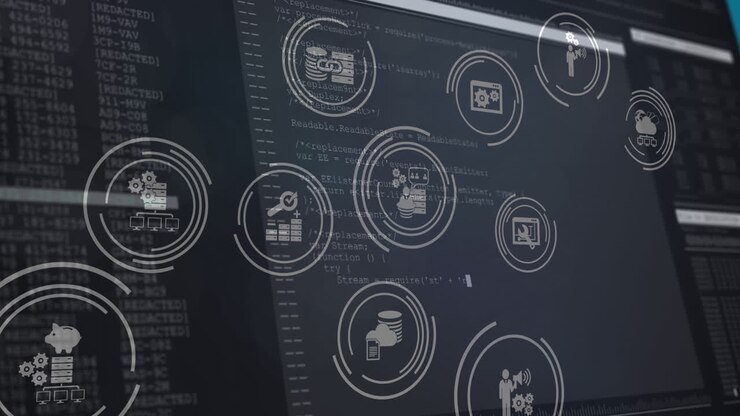Animação de ícones digitais e processamento de dados sobre telas de computador
