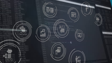 animación de iconos digitales y procesamiento de datos en pantallas de computadora