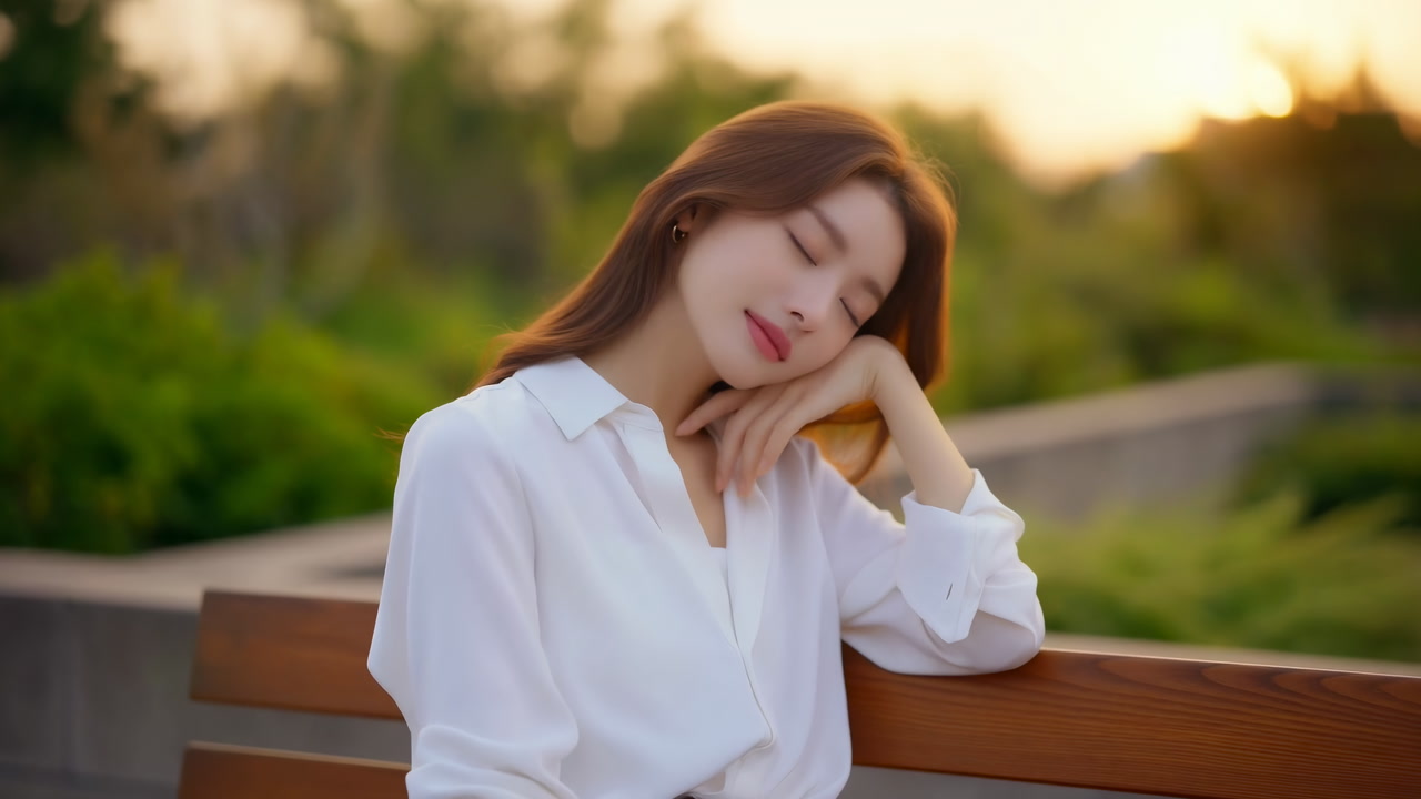 Young Asian Woman Resting On Bench During Sunset, White Blouse, Eyes Closed, Head On Hand, Serene Expression,