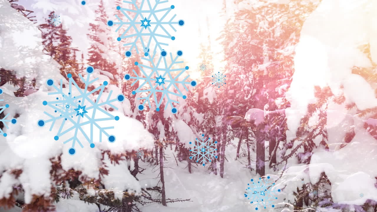 겨울 풍경 위에 떨어지는 눈송이의 애니메이션