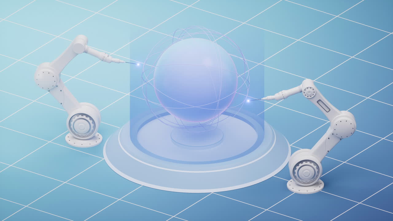 지능형 제조 개념의 기계적 팔, 3d 렌더링