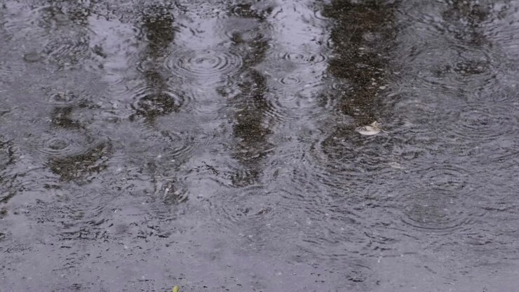 Rain falling on cement sidewalk