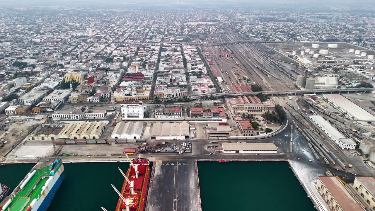 Aerial view of a busy port city