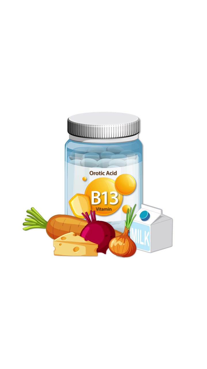 Flacone di Vitamina B13 con acido orotico, verdure, formaggio e latte, animato con transizioni fluide