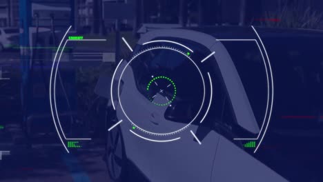 animación del procesamiento de datos del escáner circular sobre el coche eléctrico híbrido en el punto de carga
