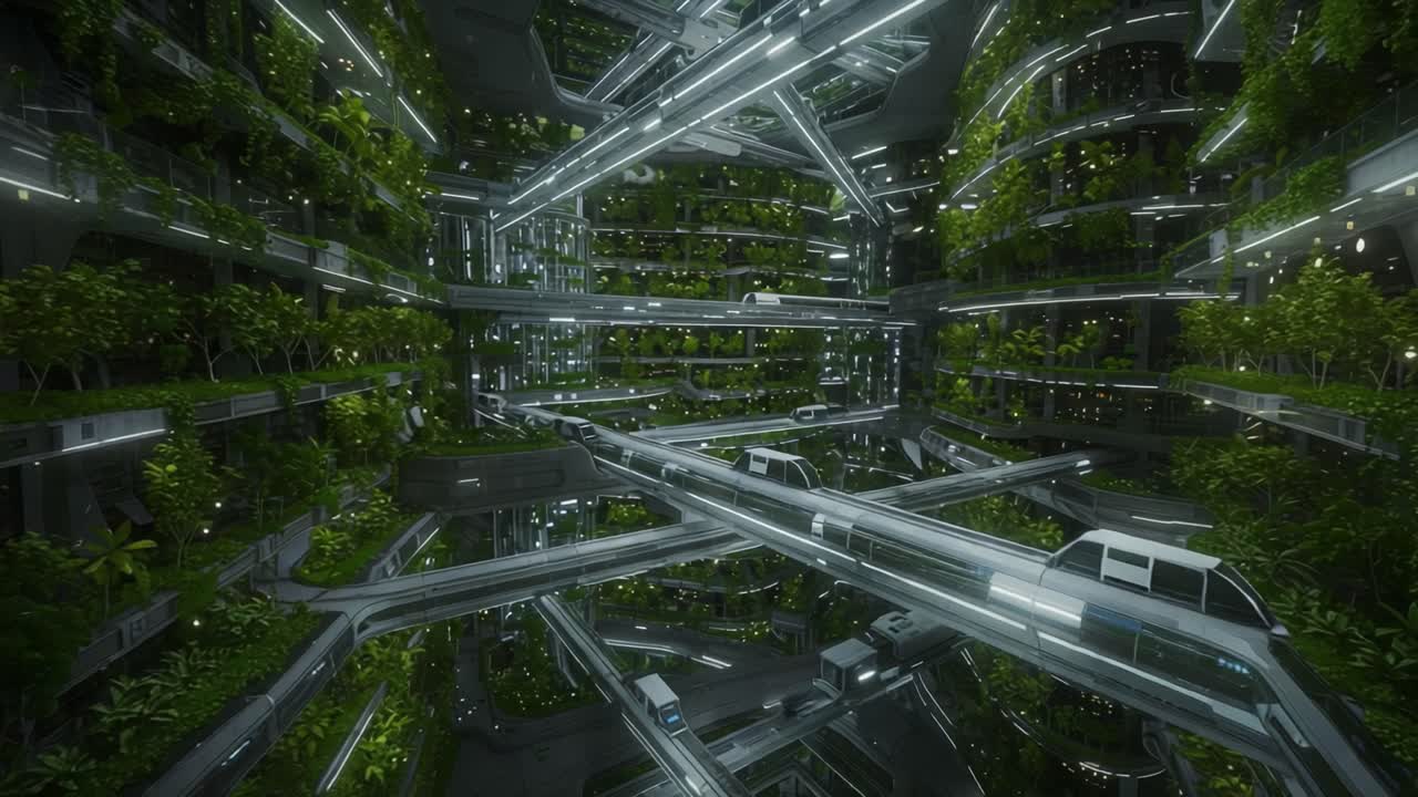 Futuristic Urban Jungle: A Stunning Blend of Technology and Nature in a Biophilic Architectural Marvel with Lush Greenery and Sleek Transport Systems