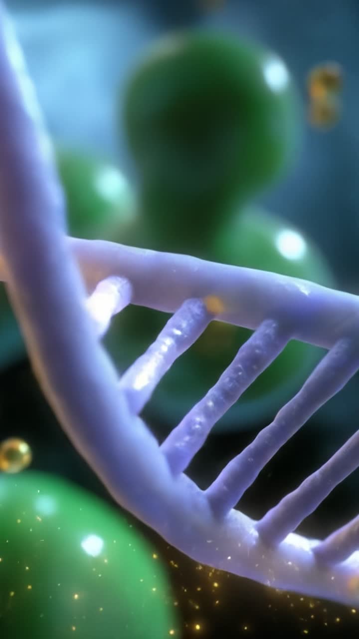 Un primo piano mozzafiato di un'elica di DNA con particelle luminose, che mostra la complessità del materiale genetico in un ambiente biologico vibrante e affascinante.