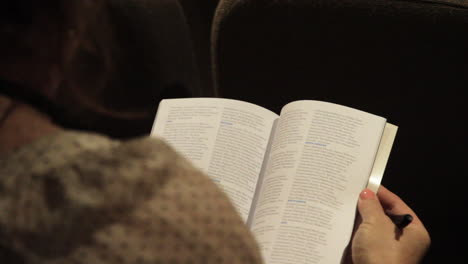 Woman-Browsing-Program-at-Concert-or-Musical-:-Over-the-Shoulder