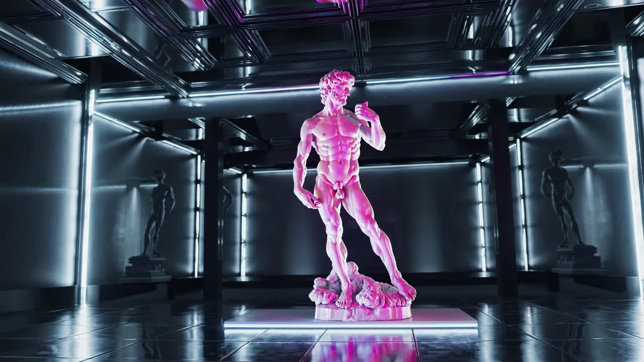 estatua de david en una galería de neón futurista