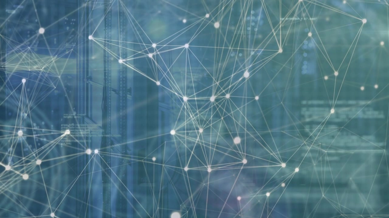 Node-line network mesh expanding after hub pulse, forming triads and glowing nodes showing data