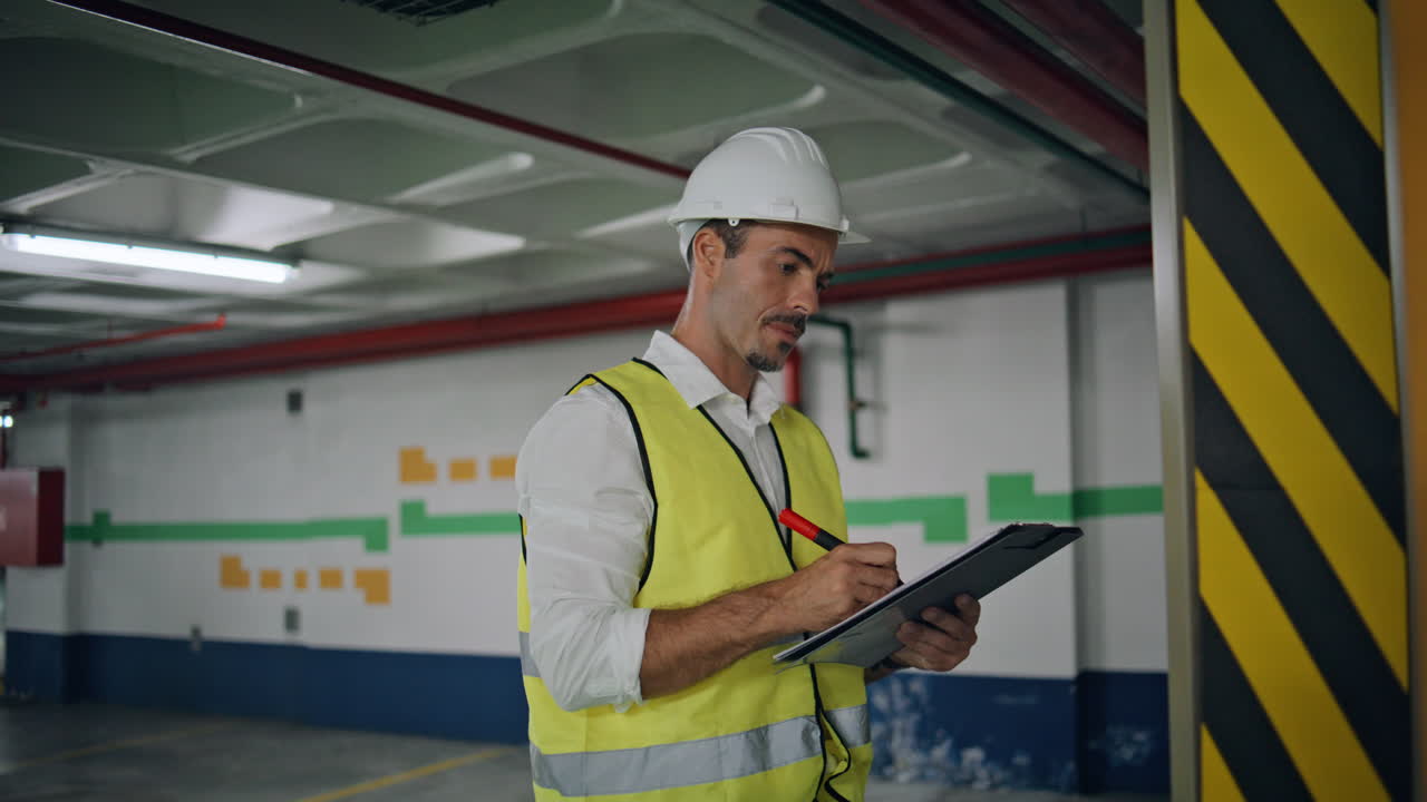 Focused contractor writing clipboard working at parking closeup. Man in helmet