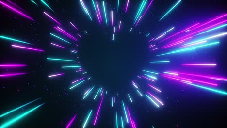 volando en un túnel azul-rosa futurista en forma de corazón de neón. corredor abstracto con líneas de luz en rápido movimiento. animación en bucle 3d sin costuras.