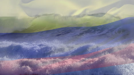 digital composition of waving columbia flag against waves in the sea