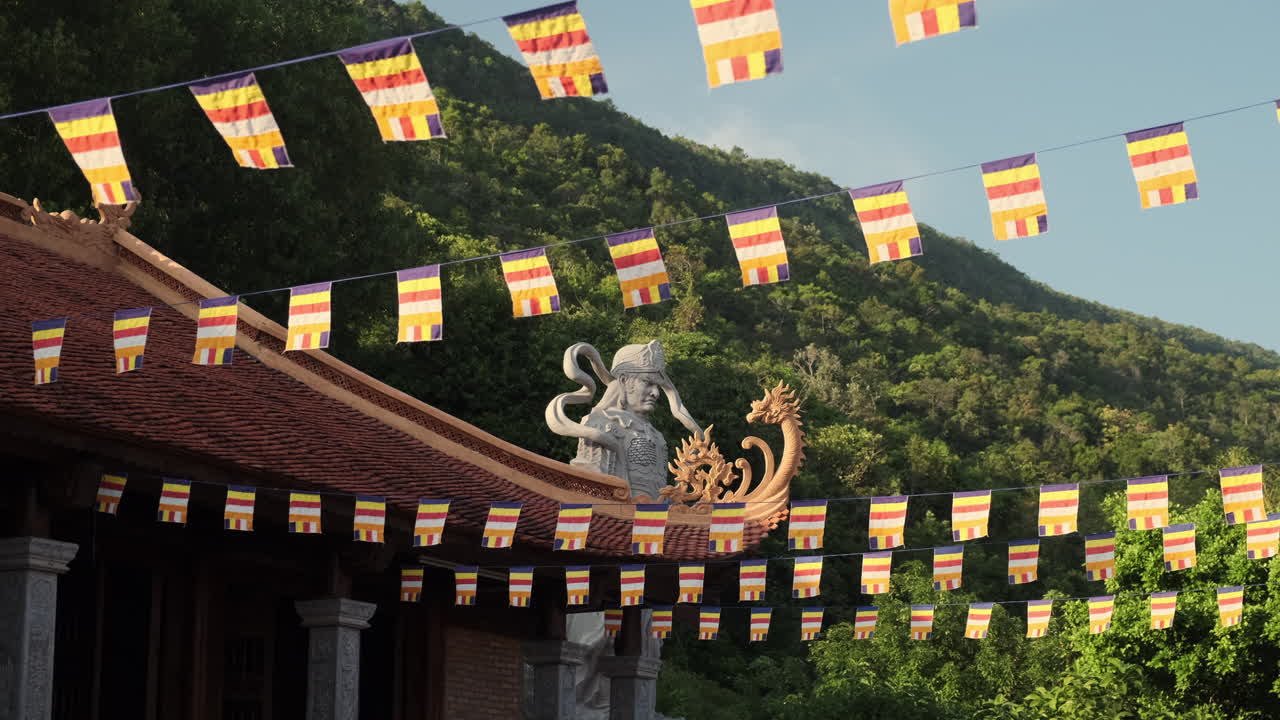 Buddhist Temple with Colorful Flags