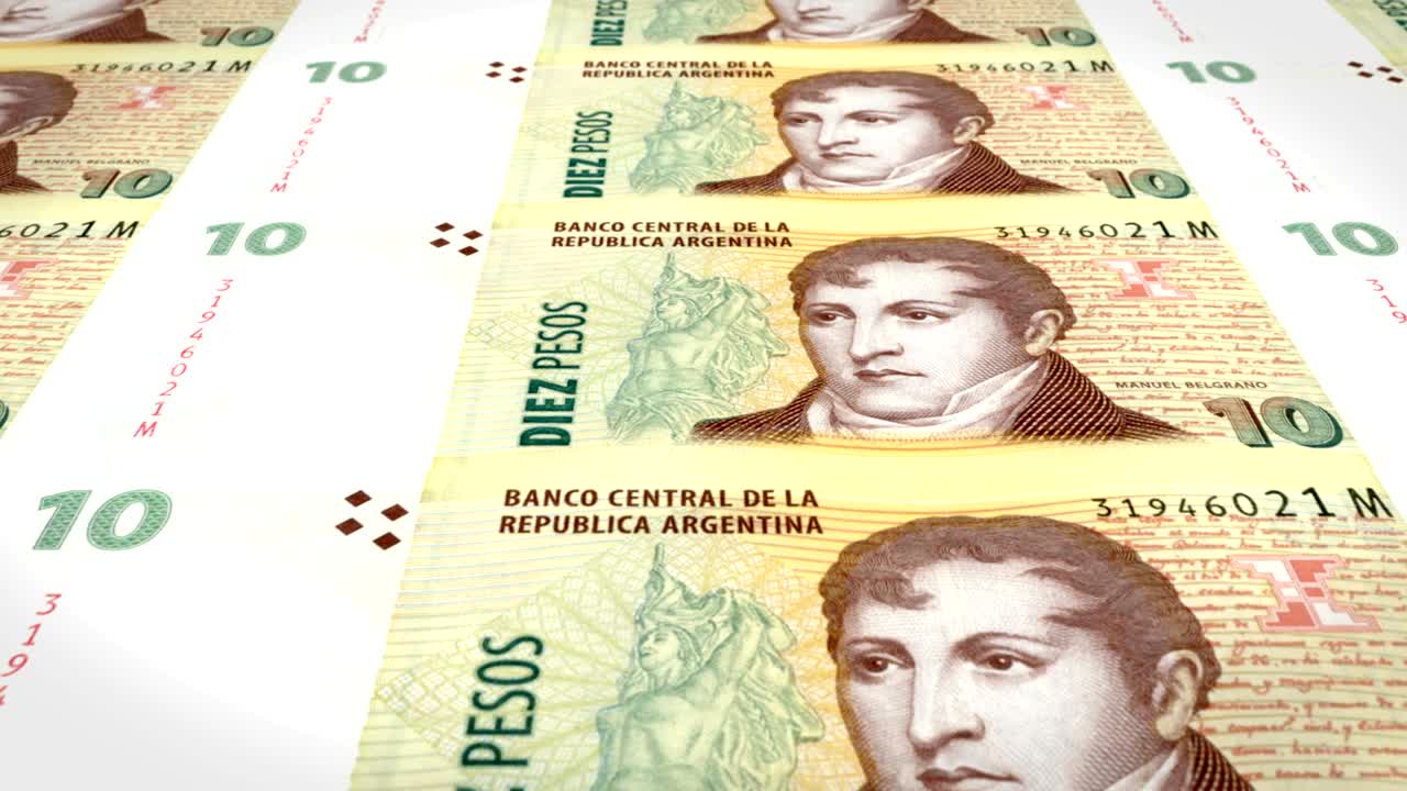 billetes de diez pesos argentinos de la república argentina, dinero en efectivo, bucle