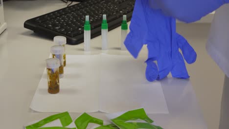 Laboratory-technician-preparing-human-stool-samples-for-analysis-on-blood-in-feces-in-small-medical-laboratory-in-protective-gloves-using-rapid-test-cassettes