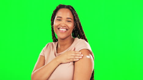 Green-screen,-vaccine-and-face-of-happy-woman