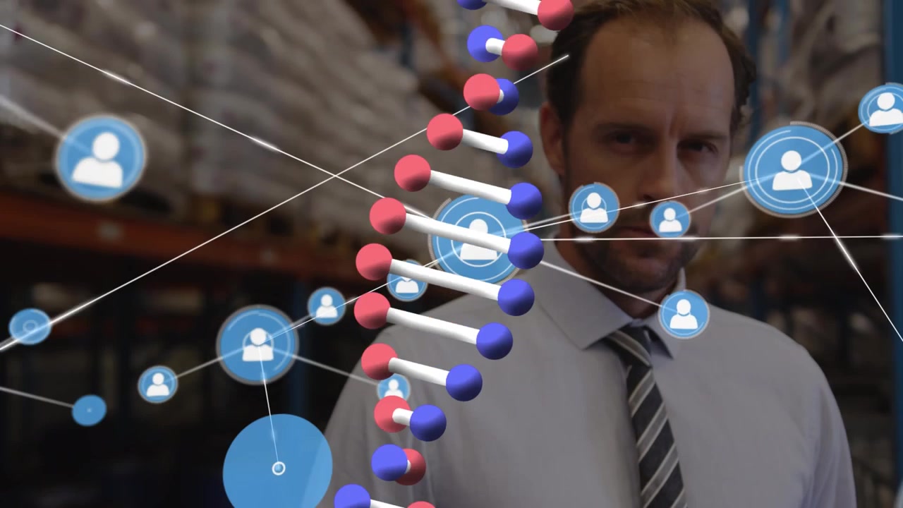 Animation af DNA-helix, forbundne profilikoner over en kaukasisk mand, der skriver i en udklipsblok