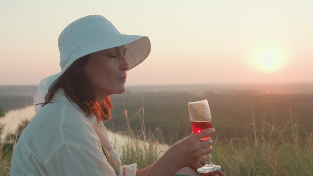 Young woman in white hat and green skirt sits in tall grass holding glass of red wine, admiring drink as sun sets over calm river and lush landscape