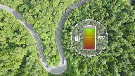 Starker-Elektrischer-Verkehr-Auf-Einer-Forststraße-Mit-Einem-Batteriesymbol---Animation