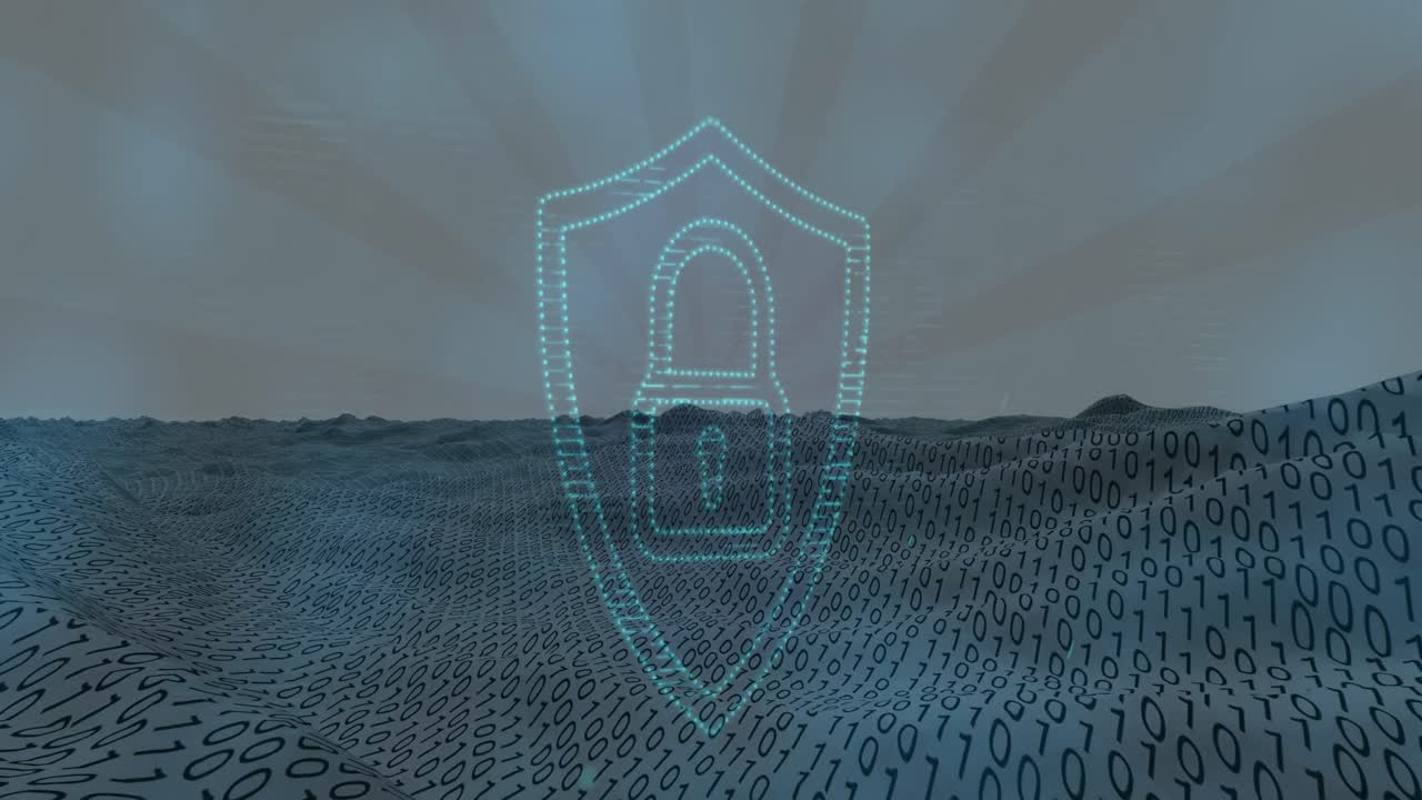 animazione di un punto luminoso sopra l'icona del lucchetto di sicurezza contro la codifica binaria su onda digitale.