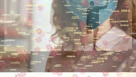 video compuesto digital de texto de covid-19 y células que se mueven contra una mujer que usa una máscara facial