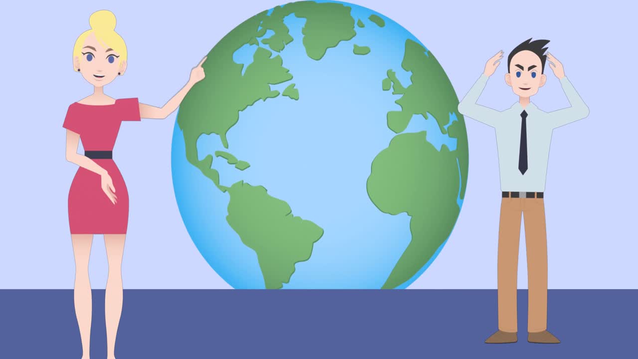 백인 두 명의 사업가들이 분홍색 배경 위에 지구를 가지고 프레젠테이션을 하는 애니메이션