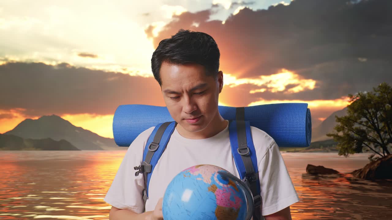 Close Up Of Asian Male Hiker With Mountaineering Backpack Holding World Globe In His Hands And Smiling To Camera At A Lake