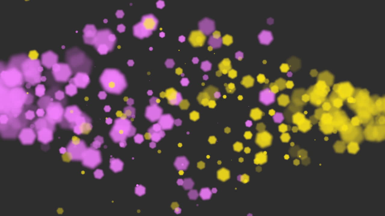 애니메이션 플라이 추상 보라색과 노란색 보케 및 입자