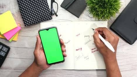 man hand holding smart phone and writing weekly planner