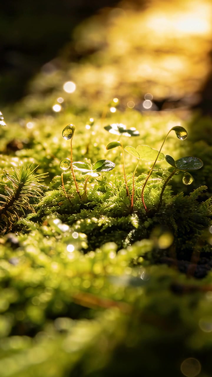 Video verticale: Lente che si sposta evidenziando piantine di muschio con rugiada sul suolo della foresta, con luce dorata.