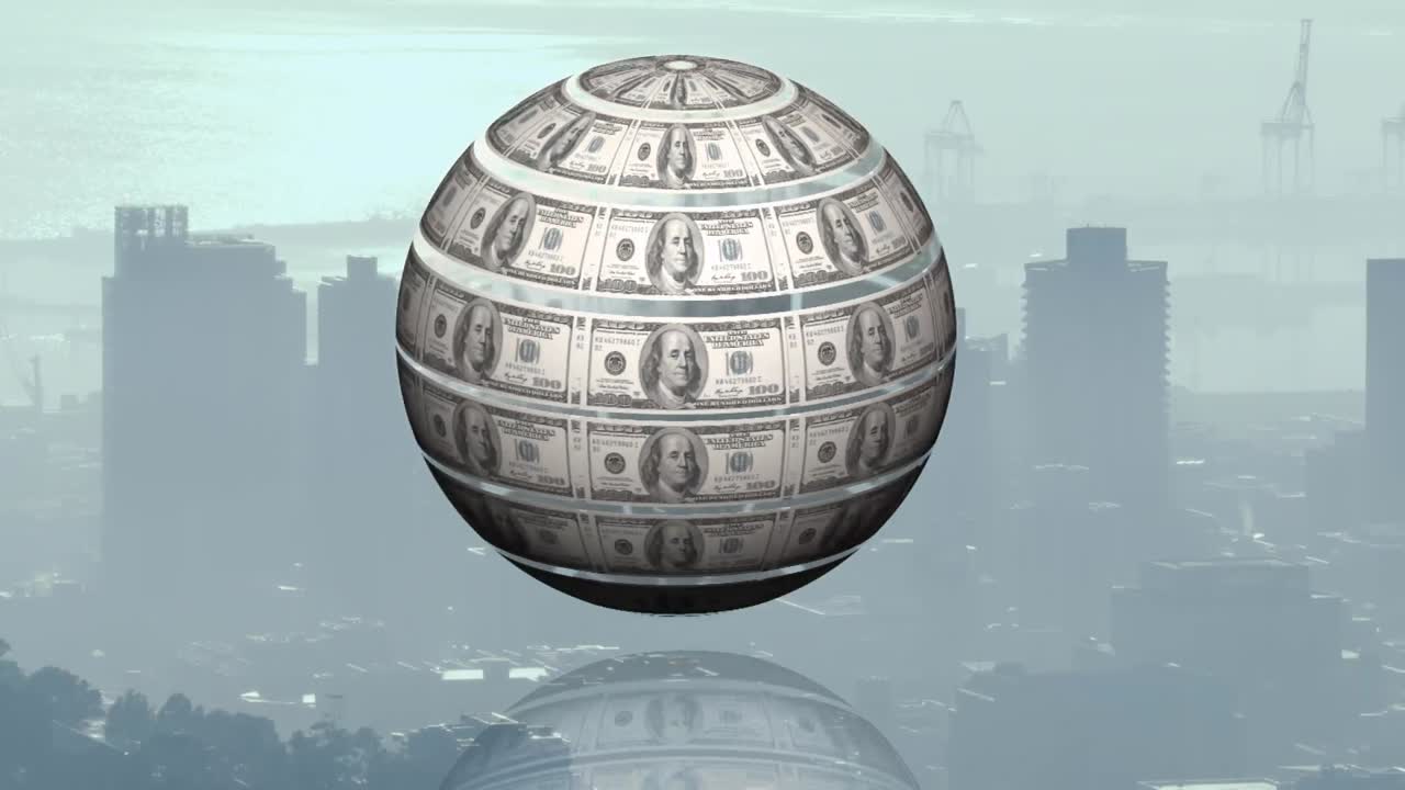Animazione di globo con banconote su paesaggio urbano