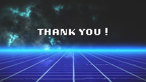 Animation-of-white-pixel-text-thank-you,-over-blue-grid,-glowing-horizon-and-blue-clouds-on-black